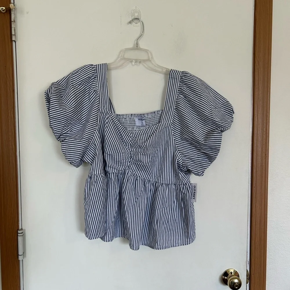 NWT extra large old, navy blue and white, striped baby doll, puff sleeve top